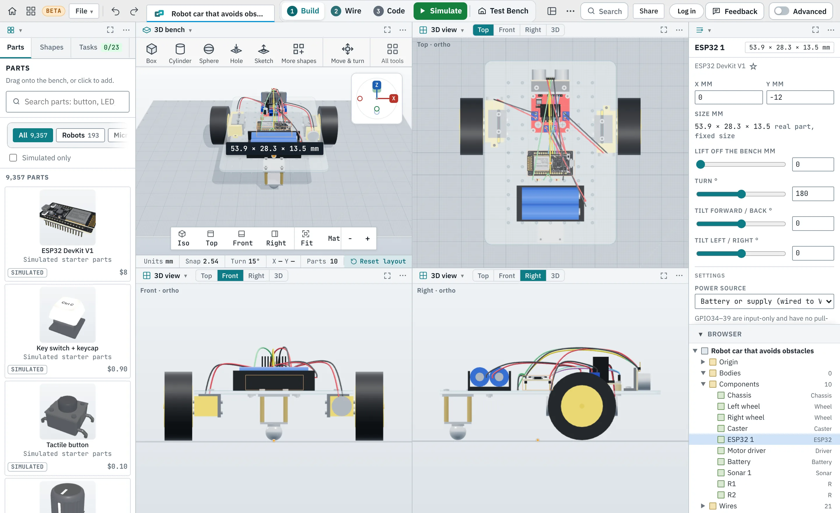 The Goon-Bench app split into areas: the parts library, the robot car on the 3D bench with Top, Front and Right views, and its properties